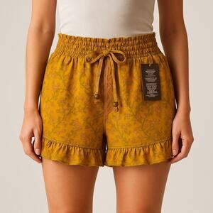 Bohemian Mustard Floral Junglee Billee Shorts with Pink & Green Accents